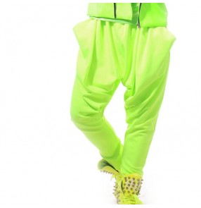 Neon green fluorescent  green loose drop crotch men's mans male  hip hop performance club bar punk rock jazz casual bloomers harem pants trousers